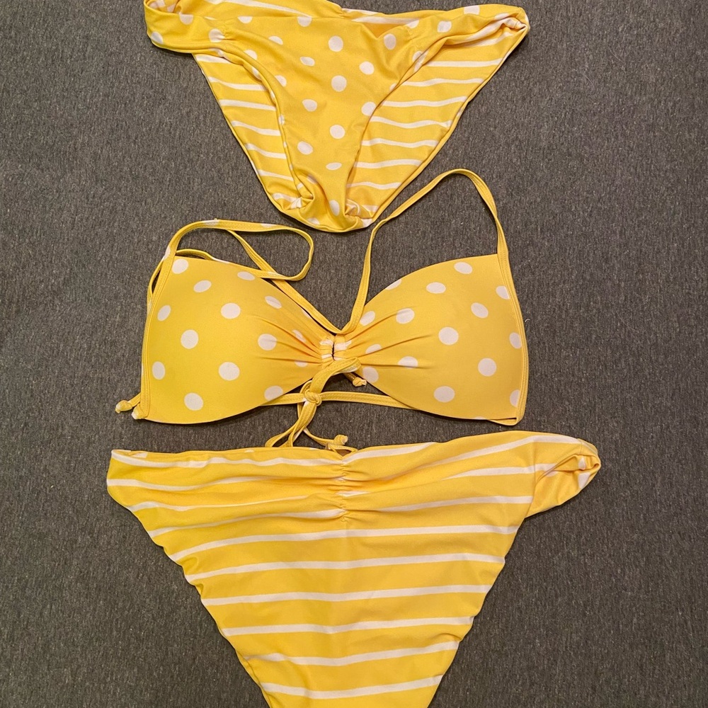 Yellow Polka Dot and Striped Bikini Set. One top, two bottoms, reversable